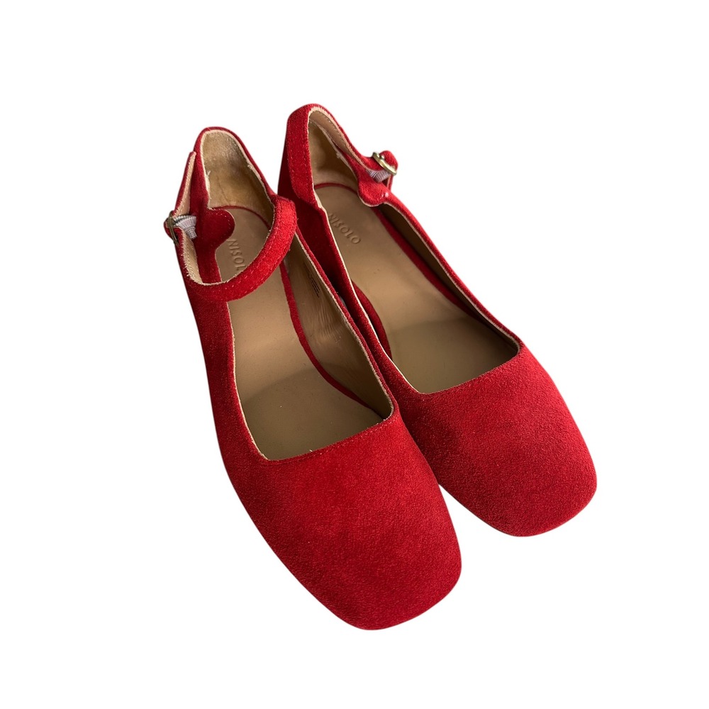 Nisolo Emma Mary Jane 7.5 Red Suede Square Toe Low Block Heel Pump Sustainable